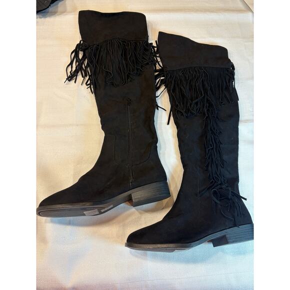 Forever 21 Shoes - Forever 21 Black Suede Knee Boots with Fringe Size 9 NWOT